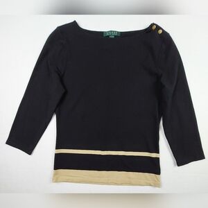 Lauren Ralph Lauren Shirt Womens Small Black Tan Stripes Button Accent Stretch